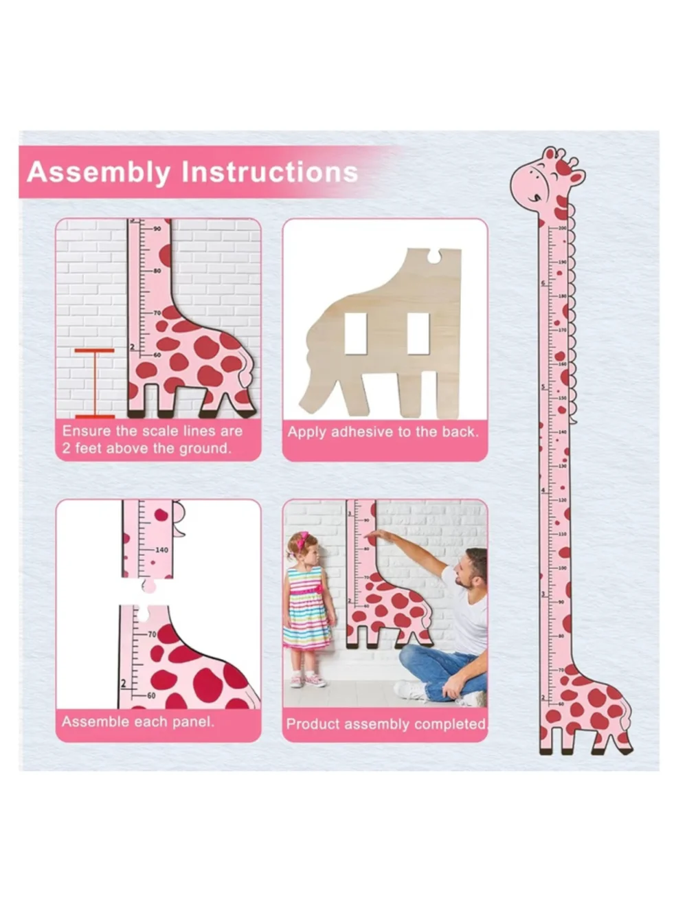 Kids soleim Pink Red Giraffe Height Chart Wall Decor One Size